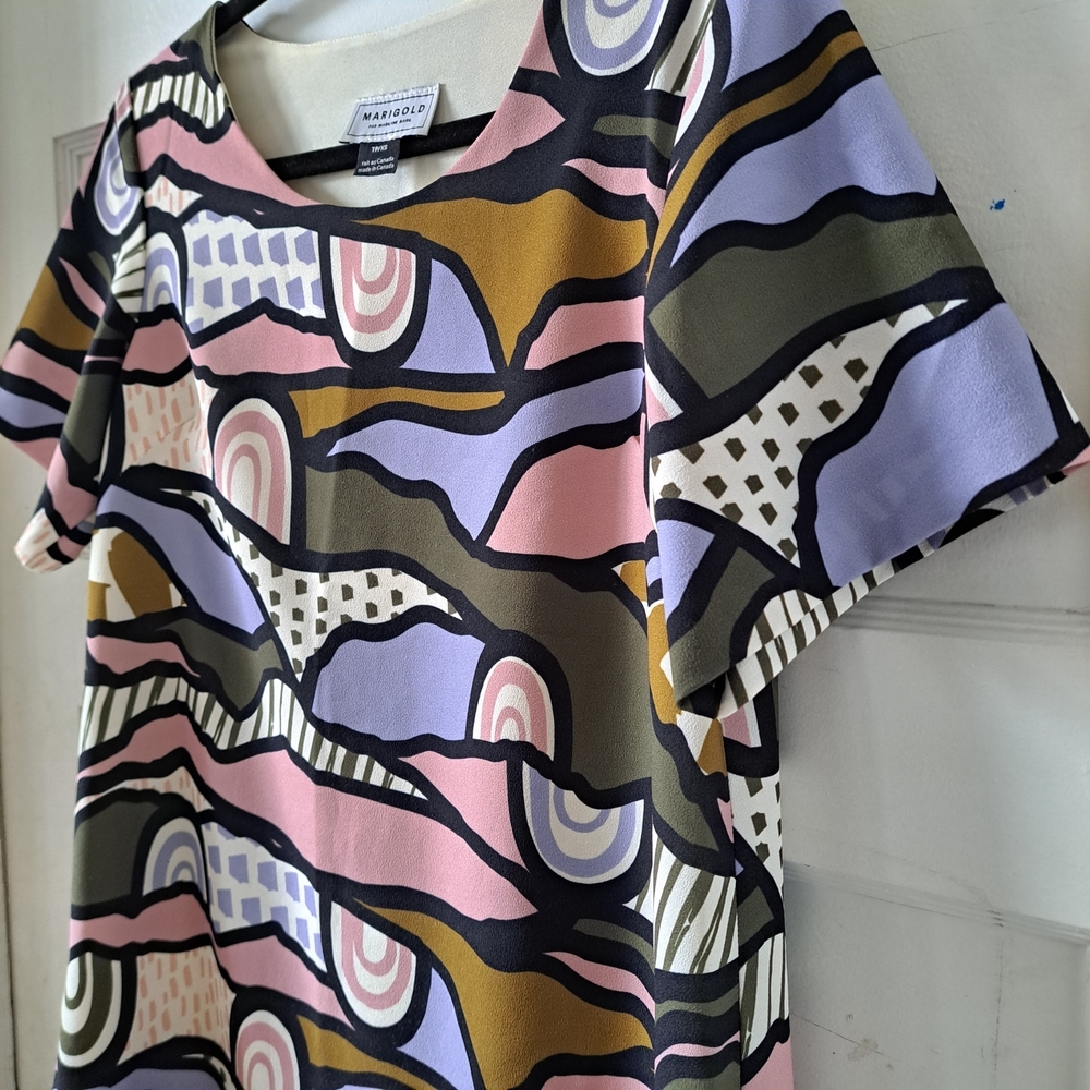 🇨🇦 Marigold Montréal Multicolor Abstract Art Dress • Short Sleeve • XS - Picture 3 of 11